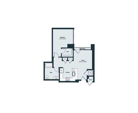 Floor plan for 1 bed, 1 bath, 775 sqft